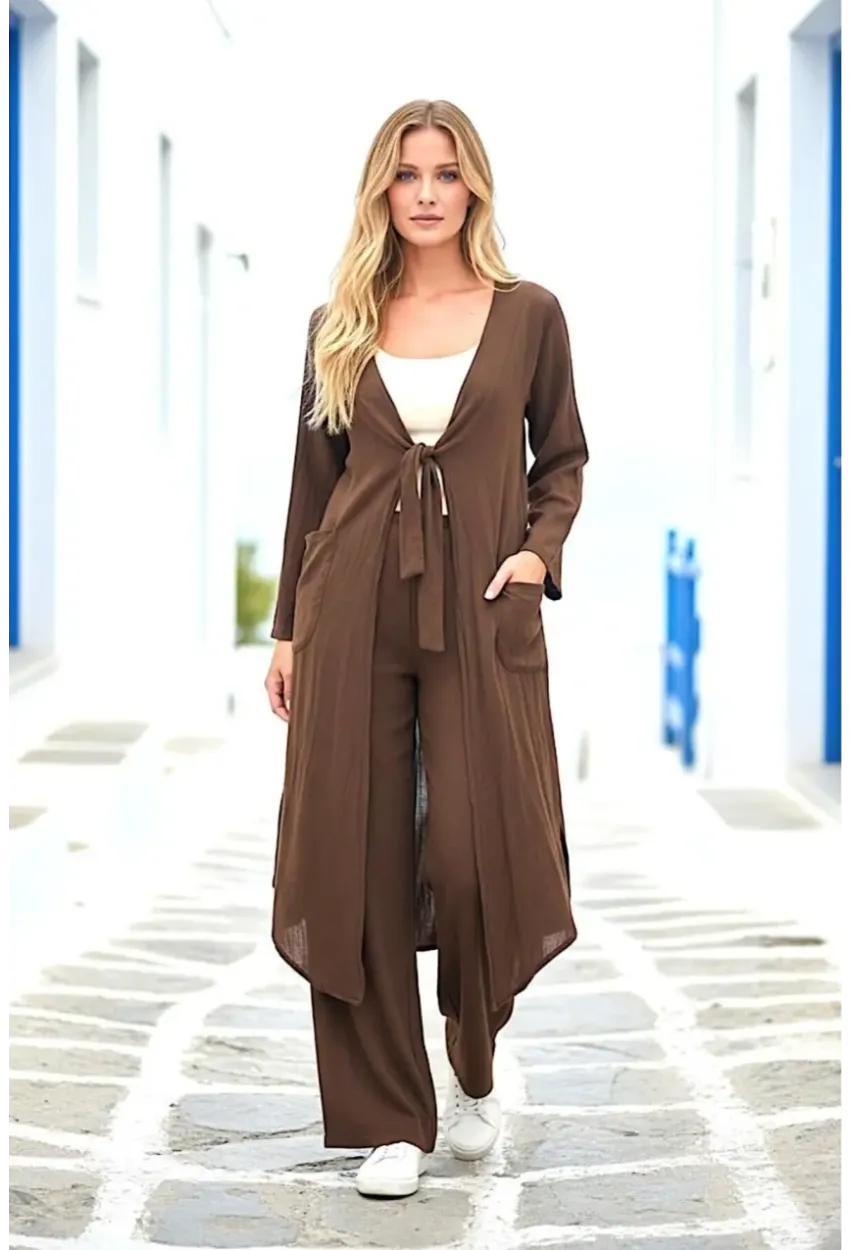 Kahve Bağlamalı Kimono Keten Takım