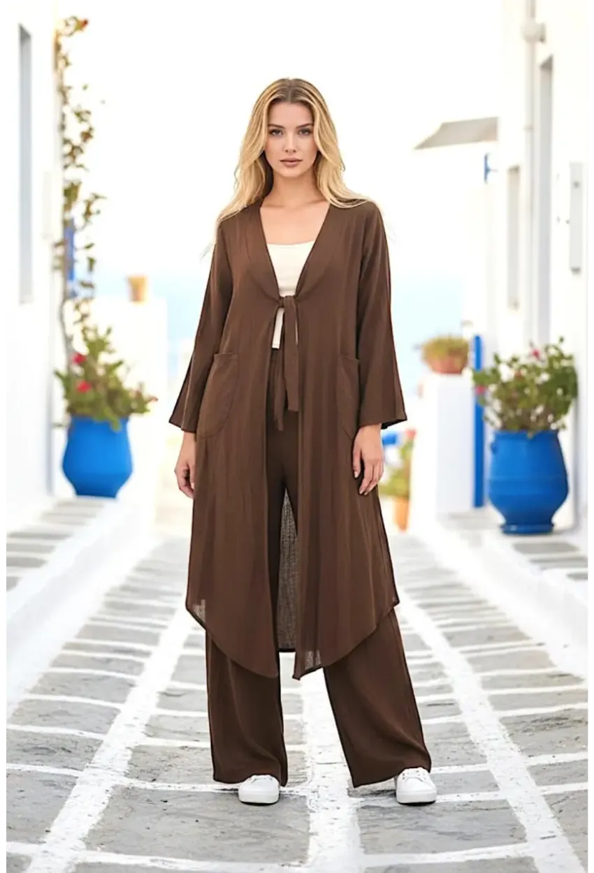 Kahve Bağlamalı Kimono Keten Takım