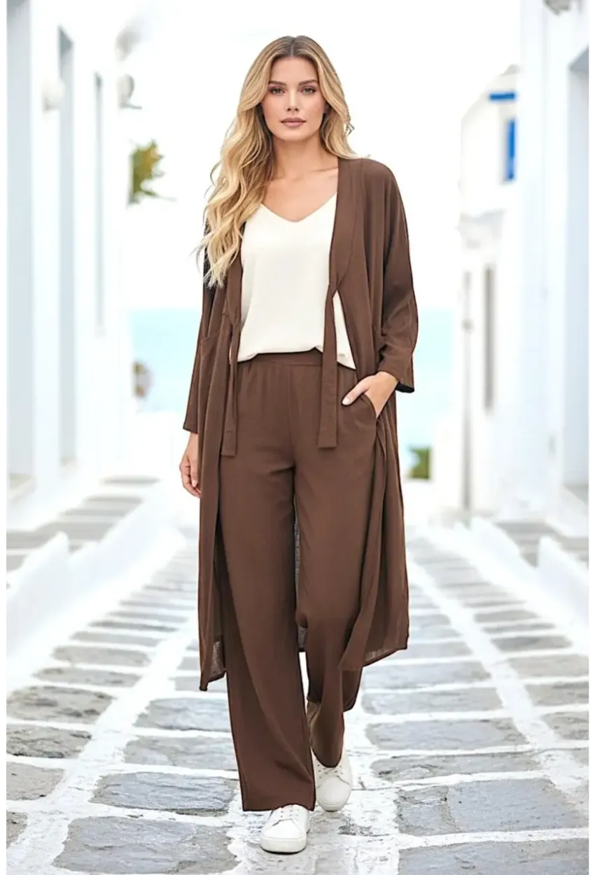 Kahve Bağlamalı Kimono Keten Takım