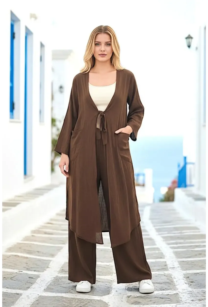 Kahve Bağlamalı Kimono Keten Takım