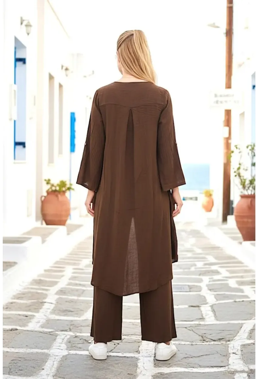 Kahve Bağlamalı Kimono Keten Takım