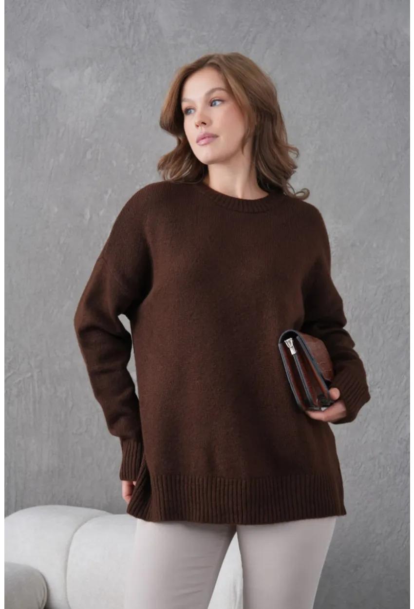 Kahve  Yumuşak Dokulu Uzun Kollu Triko Kazak