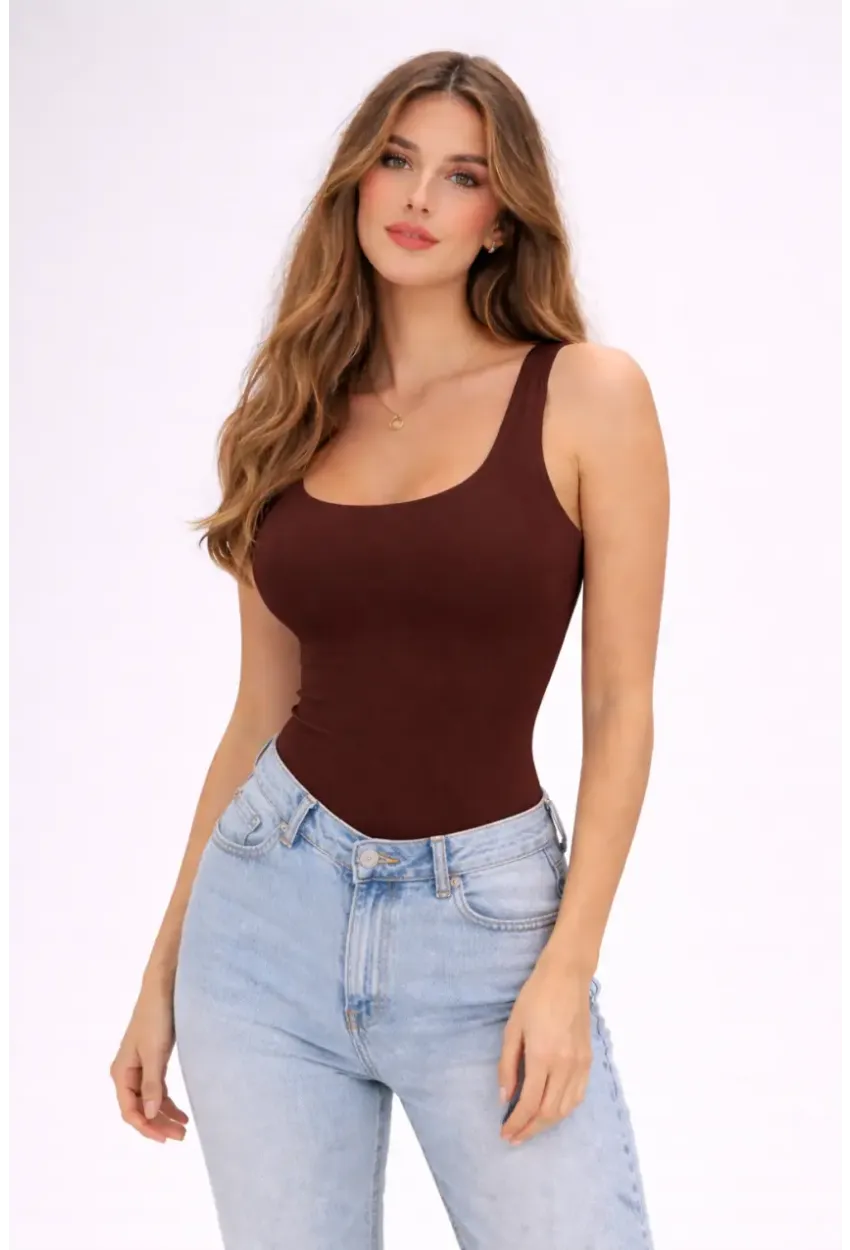 Kahverengi Basic Çıtçıtlı Body – Esnek Kumaş, Atlet Kesim, Günlük Şıklık