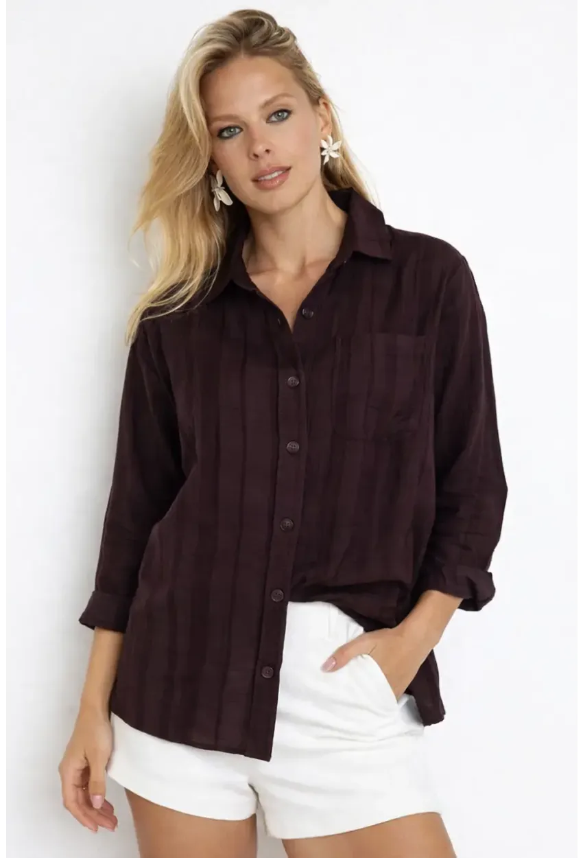 Kahverengi Çizgili Transparan Dokulu Oversize Kadın Gömlek