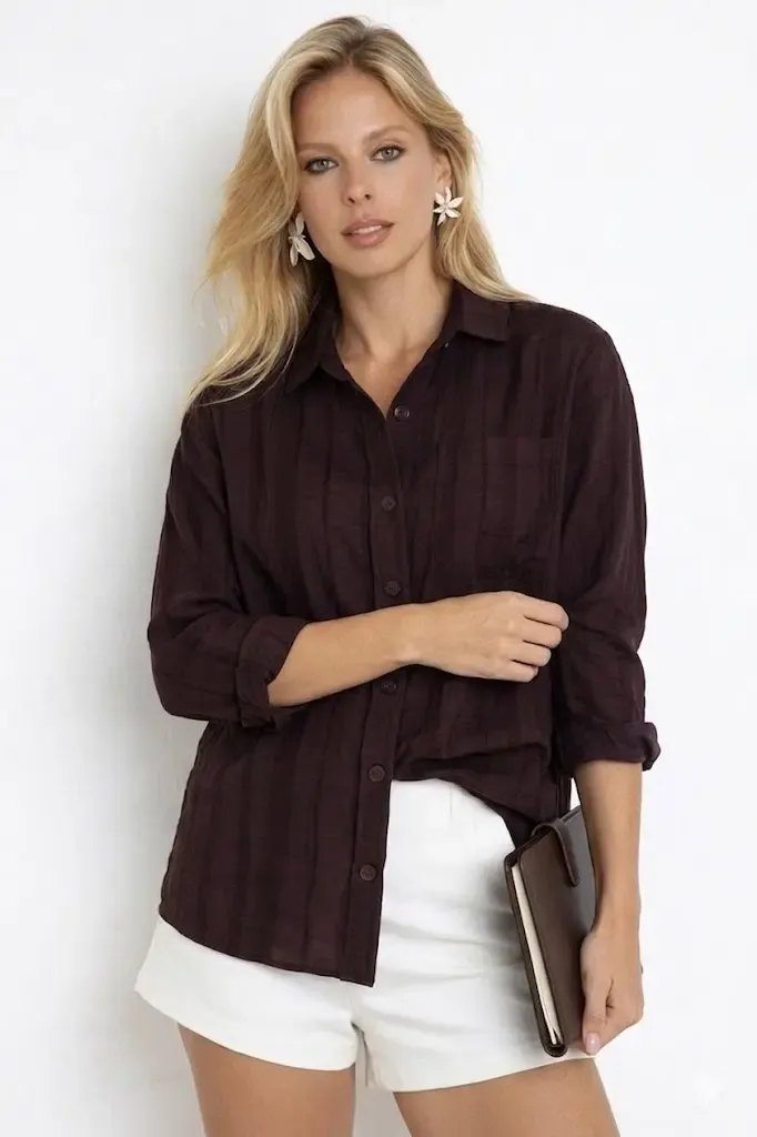 Kahverengi Çizgili Transparan Dokulu Oversize Kadın Gömlek