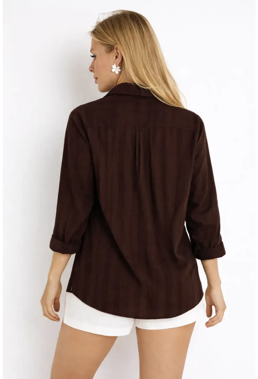 Kahverengi Çizgili Transparan Dokulu Oversize Kadın Gömlek
