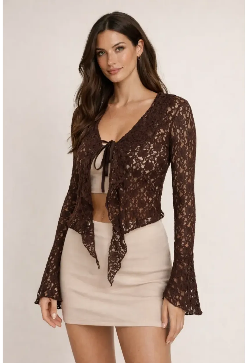 Kahverengi Dantel Bağlama Detaylı Transparan Bluz – Uzun Kollu Şık Kadın Bluz