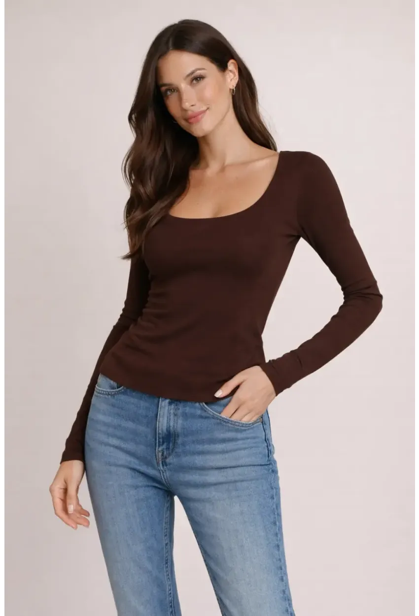 Kahverengi Kare Yaka Uzun Kollu Basic Bluz – Esnek Kumaş Günlük Şık Kadın Bluz