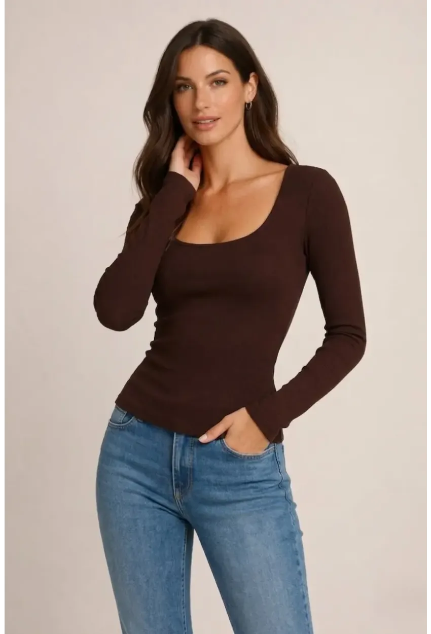 Kahverengi Kare Yaka Uzun Kollu Basic Bluz – Esnek Kumaş Günlük Şık Kadın Bluz