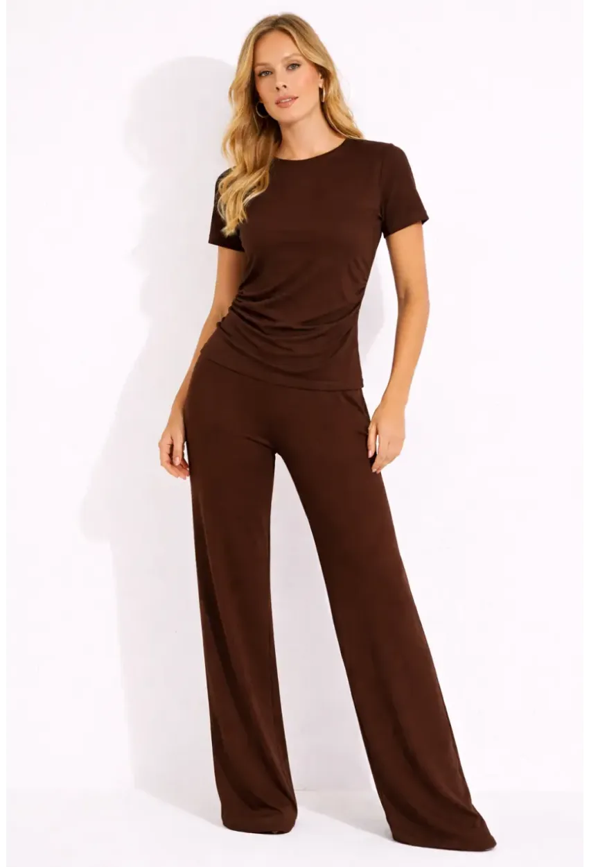 Kahverengi Modal Kumaş Kısa Kollu Pile Detaylı Eşofman Takımı