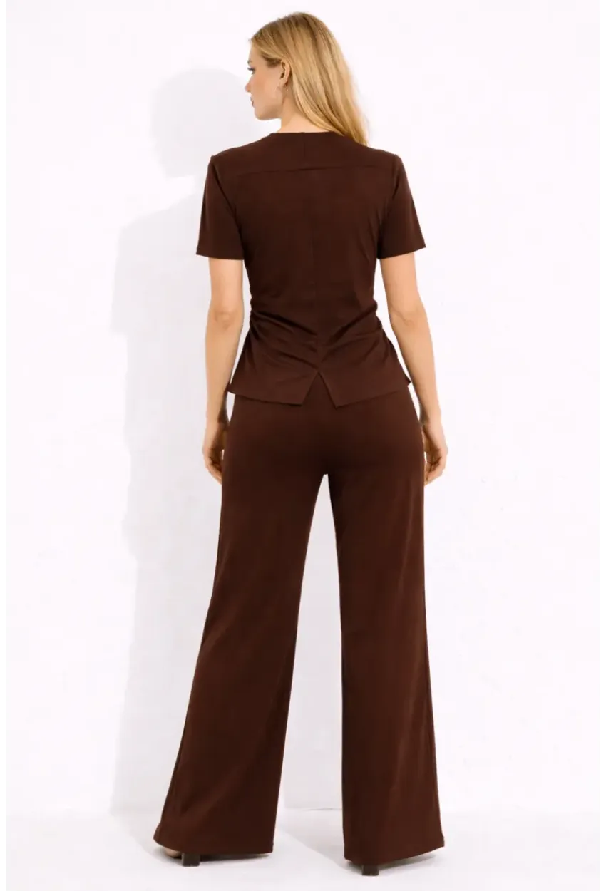 Kahverengi Modal Kumaş Kısa Kollu Pile Detaylı Eşofman Takımı