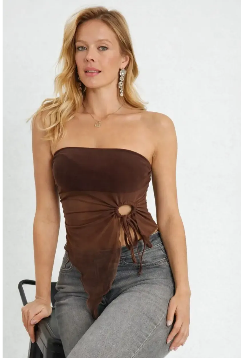 Kahverengi Straplez Tül Detaylı Büzgülü Crop Bluz