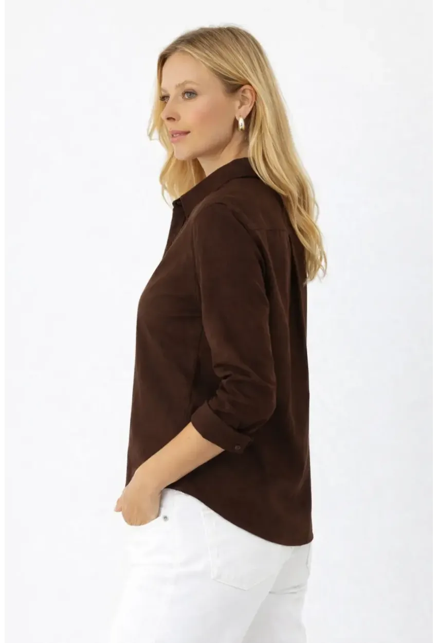 Kahverengi V Yaka Düğmeli Kadın Gömlek – Rahat Kesim, Günlük & Şık Stil