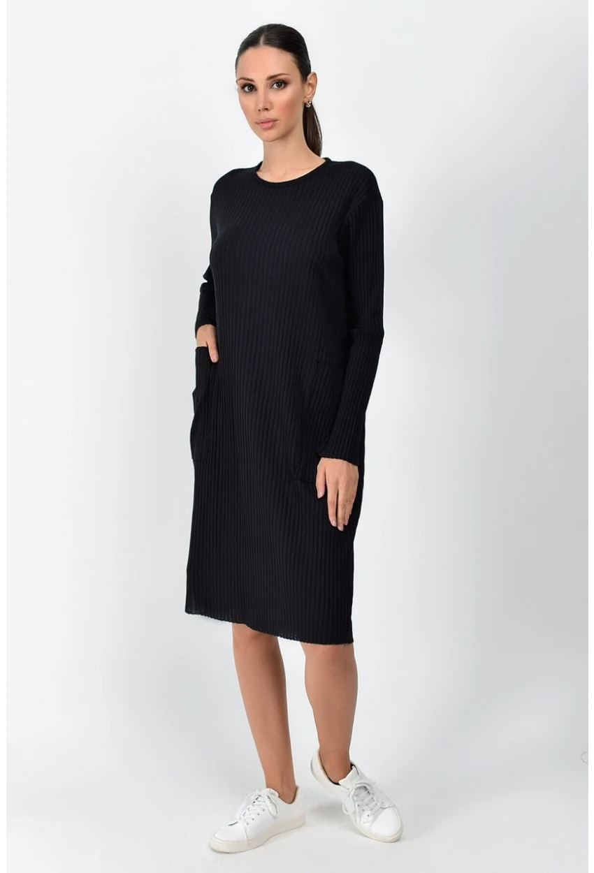 Kalın Fitilli Kaşkorse Cepli Uzun Tunik Elbise