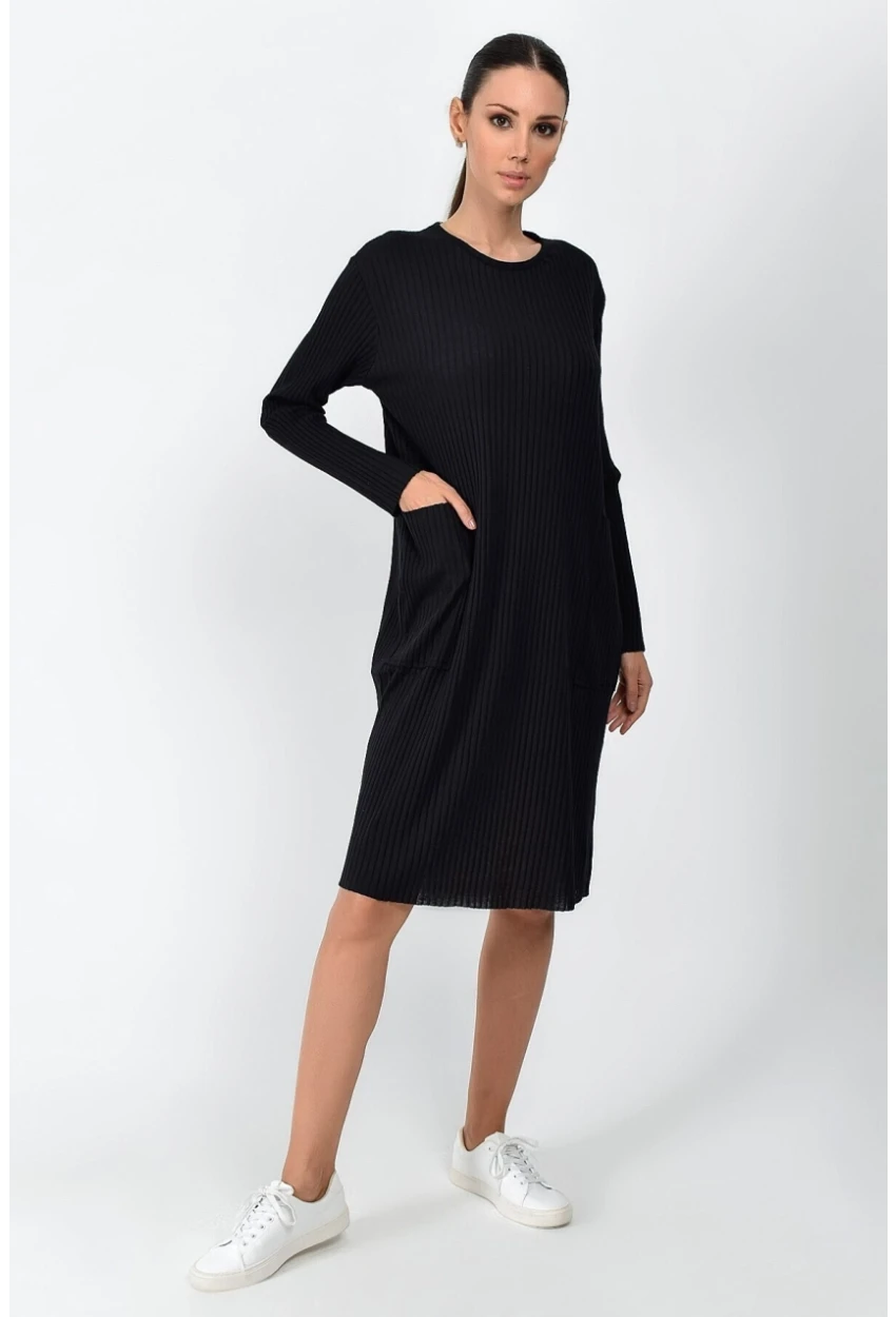 Kalın Fitilli Kaşkorse Cepli Uzun Tunik Elbise