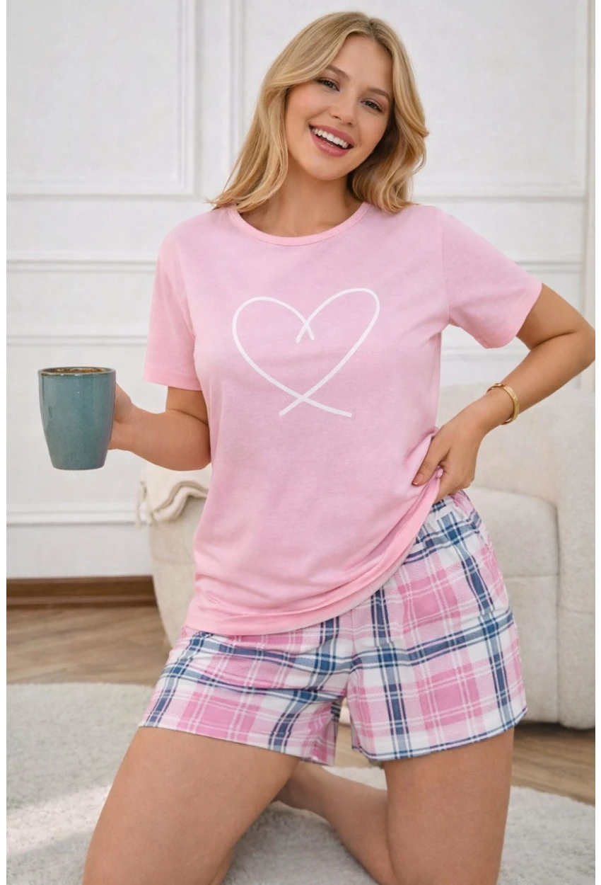 Kalp Baskılı Ekose Şortlu Kadın Pijama Takımı Pembe