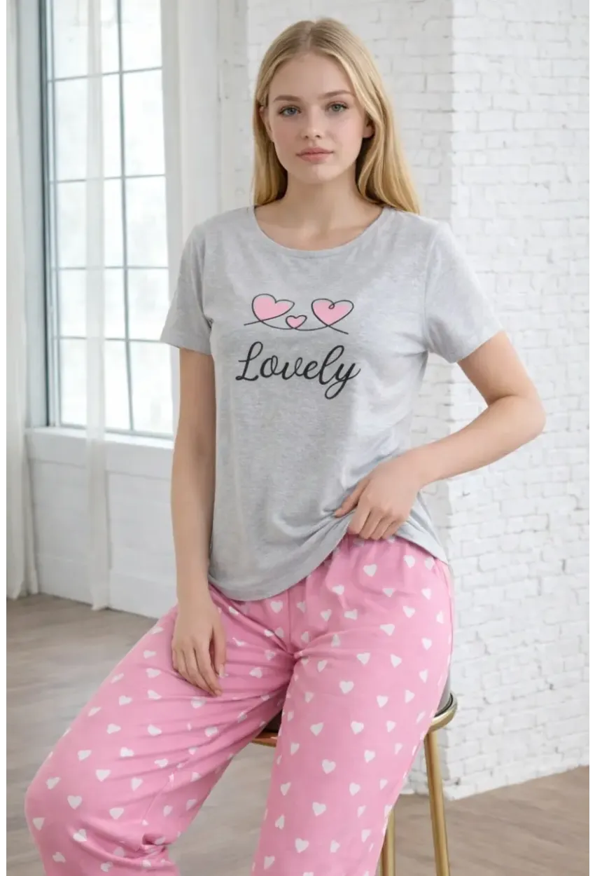 Kalp Desenli “Lovely” Baskılı Pamuklu Kadın Pijama Takımı