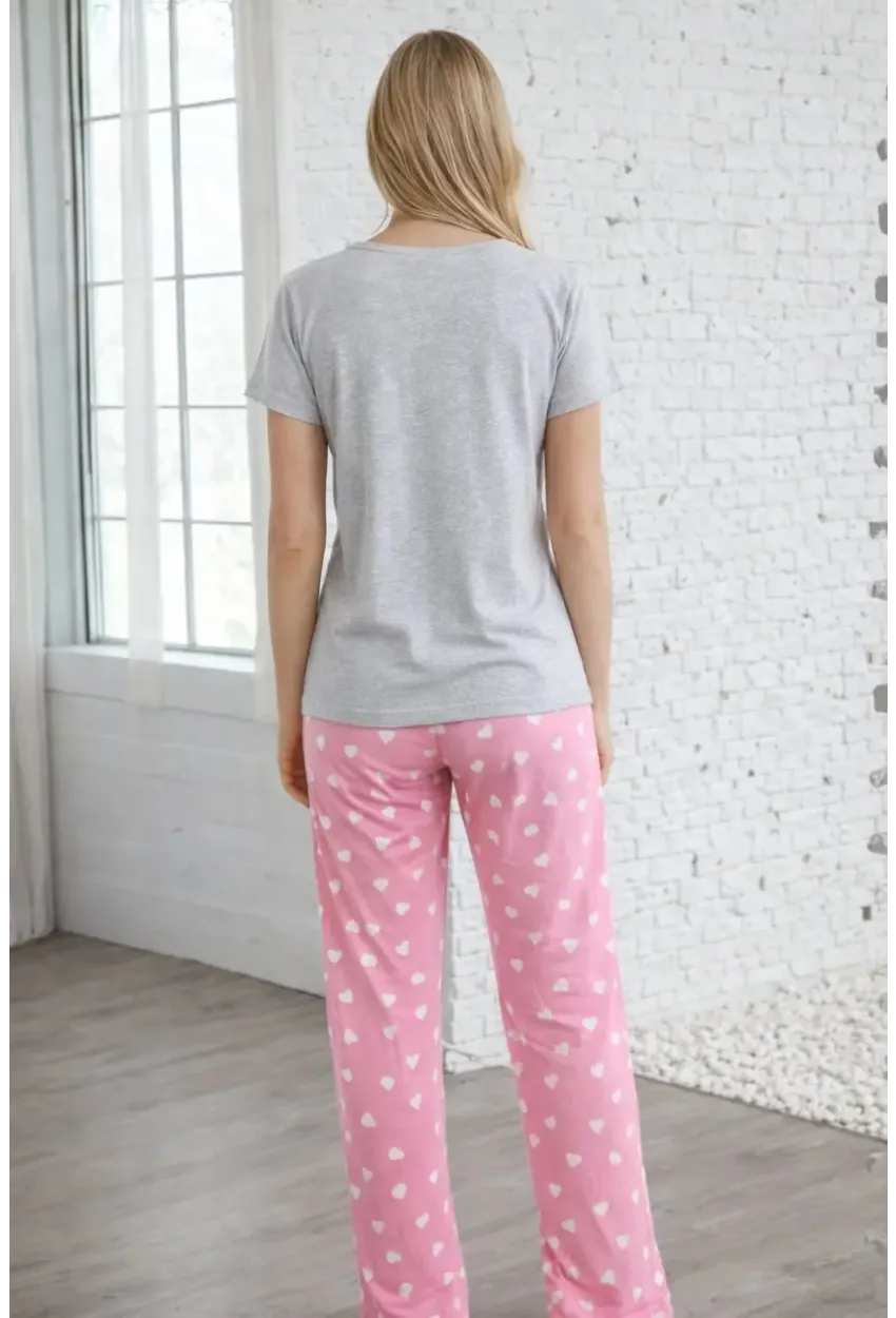 Kalp Desenli “Lovely” Baskılı Pamuklu Kadın Pijama Takımı
