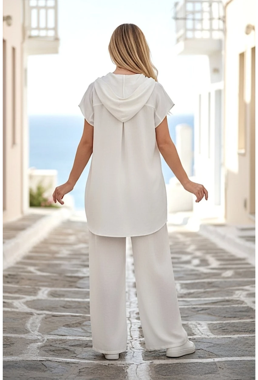 Kapüşonlu Gömlek Pantalon Keten Takım