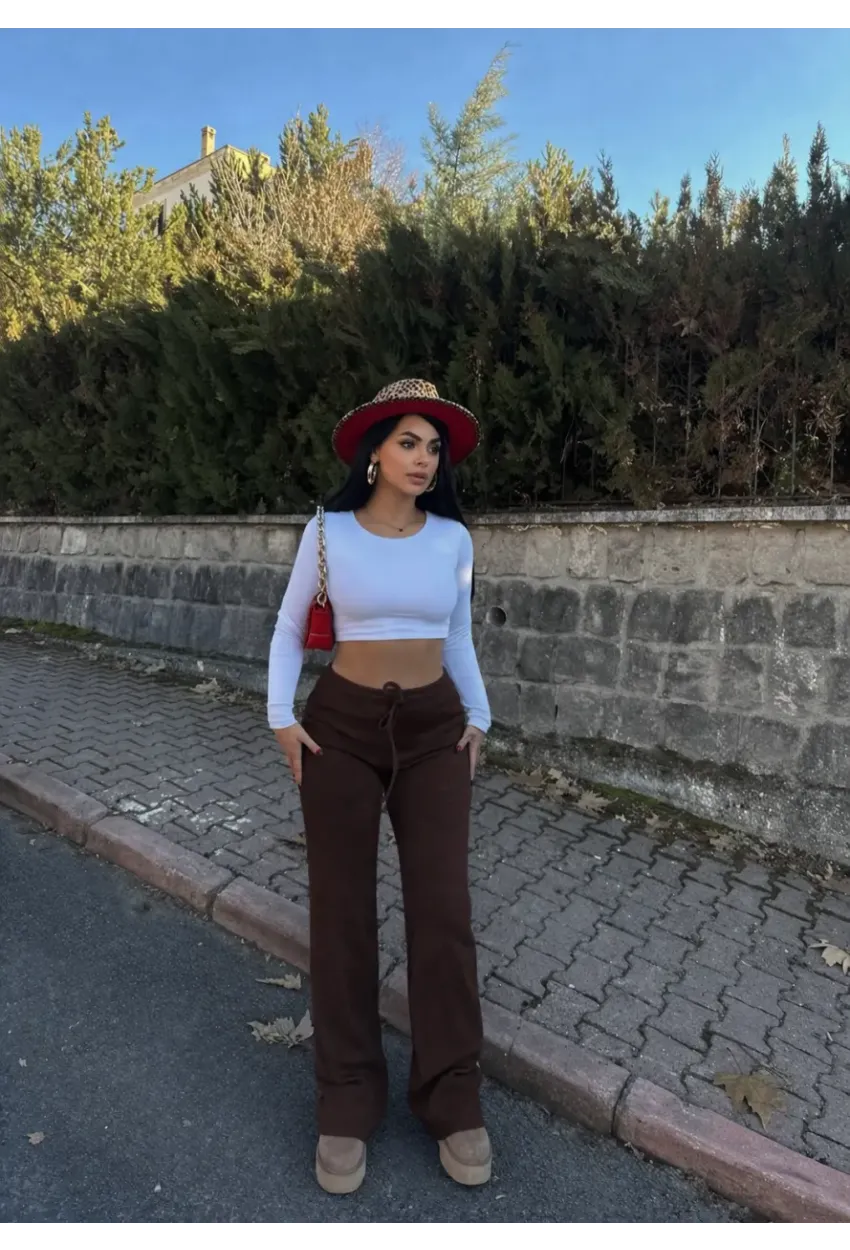 Kaşkorse Kumaş Kuş gözlü Kahverengi Eşofman Pantolon