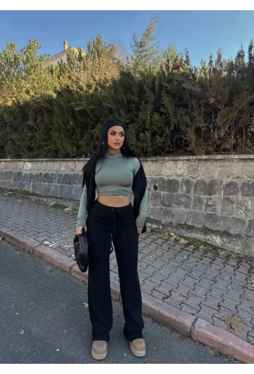 Kaşkorse Kumaş Kuş gözlü Siyah Eşofman Pantolon