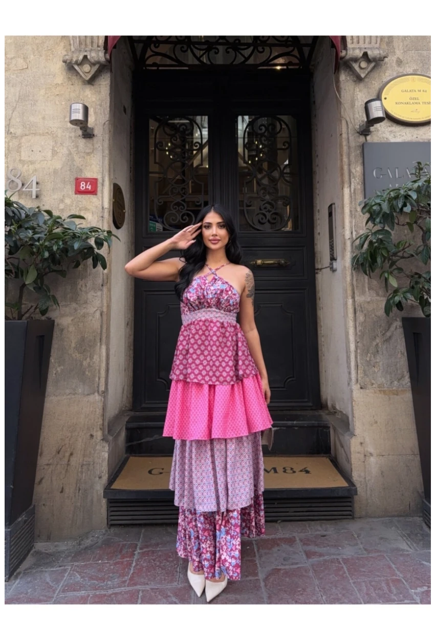 Kat Kat Desenli Tasarım Elbise