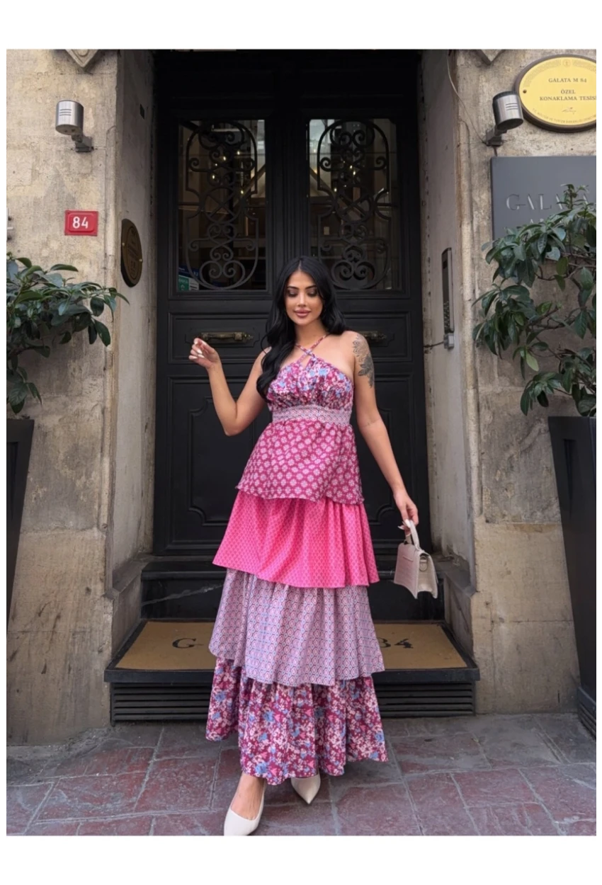 Kat Kat Desenli Tasarım Elbise