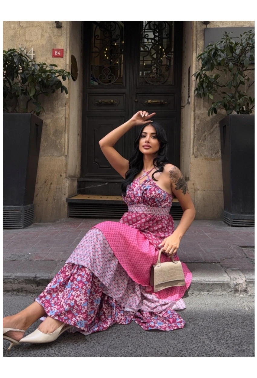 Kat Kat Desenli Tasarım Elbise