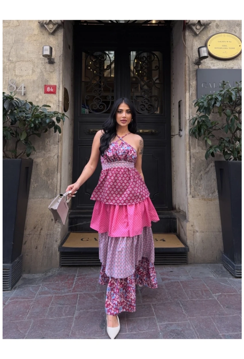 Kat Kat Desenli Tasarım Elbise