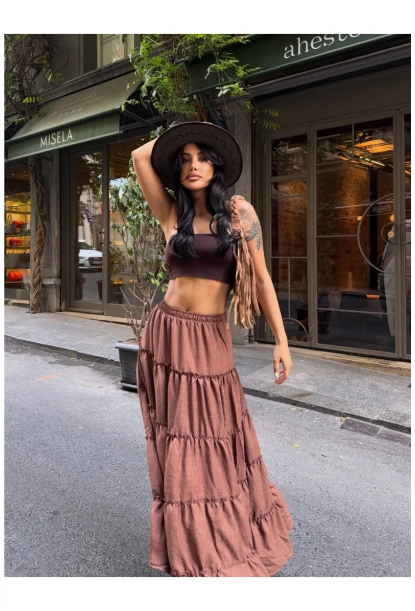 Kat Kat Pileli Kahverengi Etek