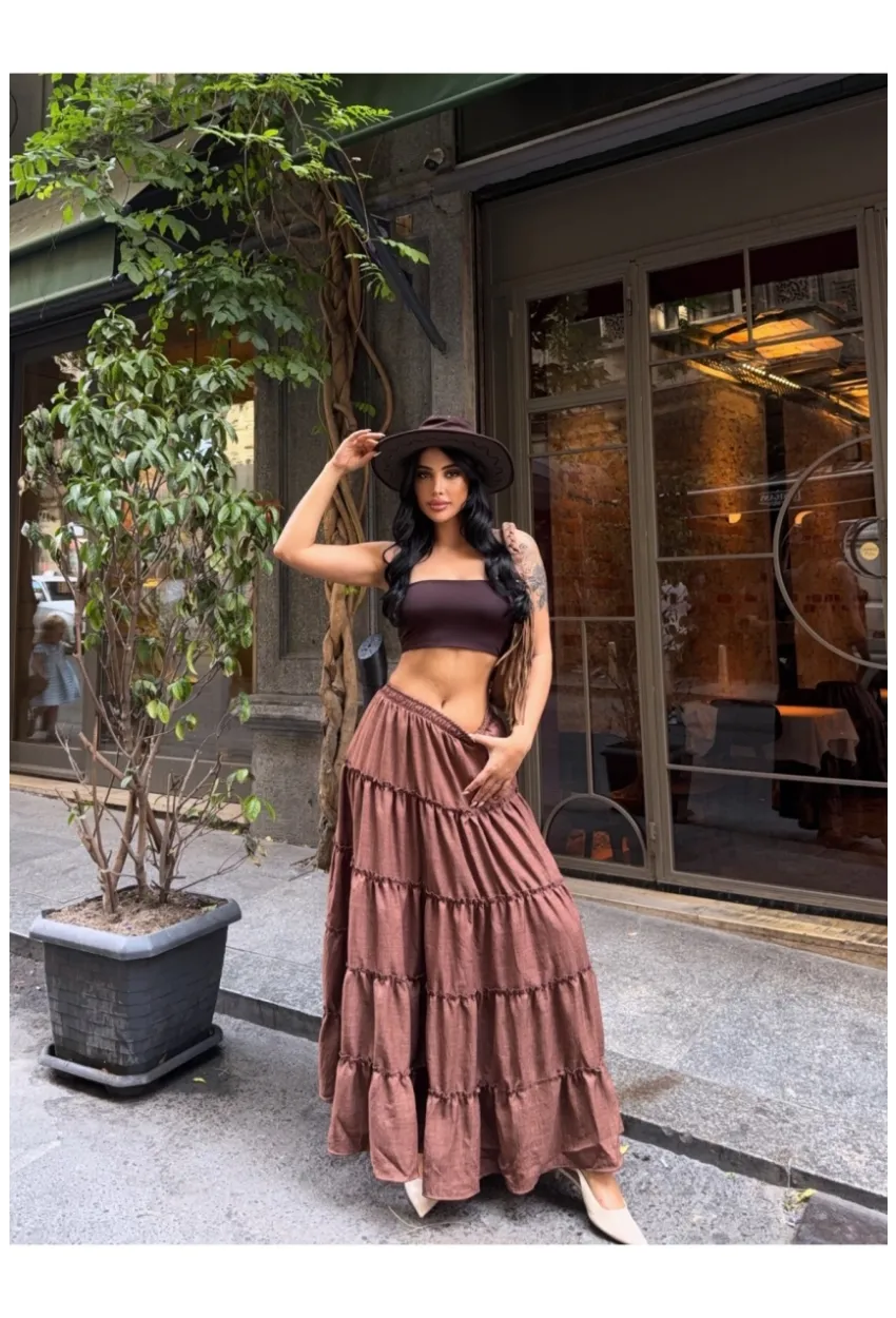 Kat Kat Pileli Kahverengi Etek