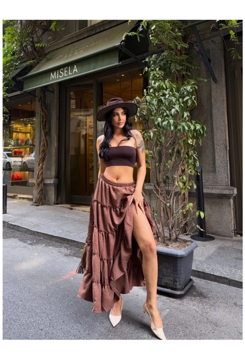 Kat Kat Pileli Kahverengi Etek