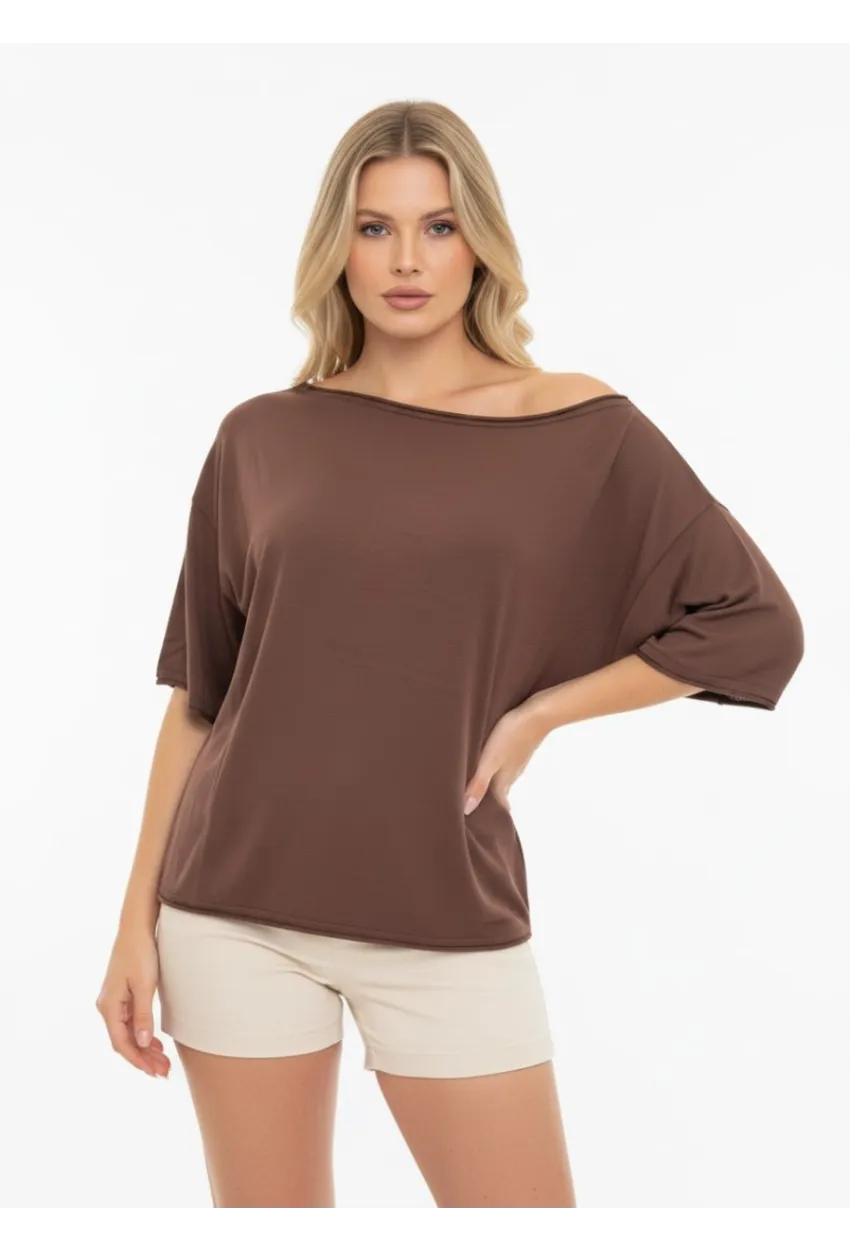 Kayık Yaka Oversize Kahve Bluz