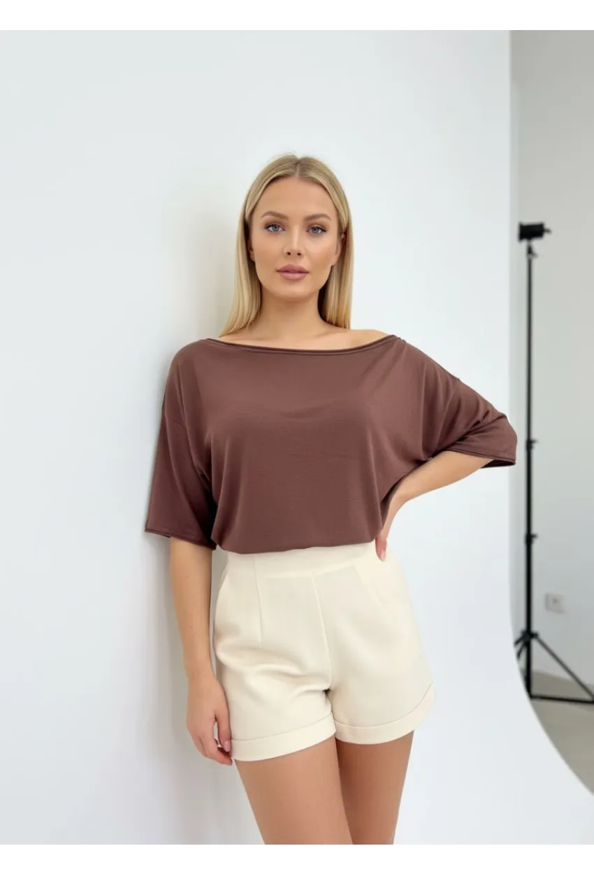 Kayık Yaka Oversize Kahve Bluz