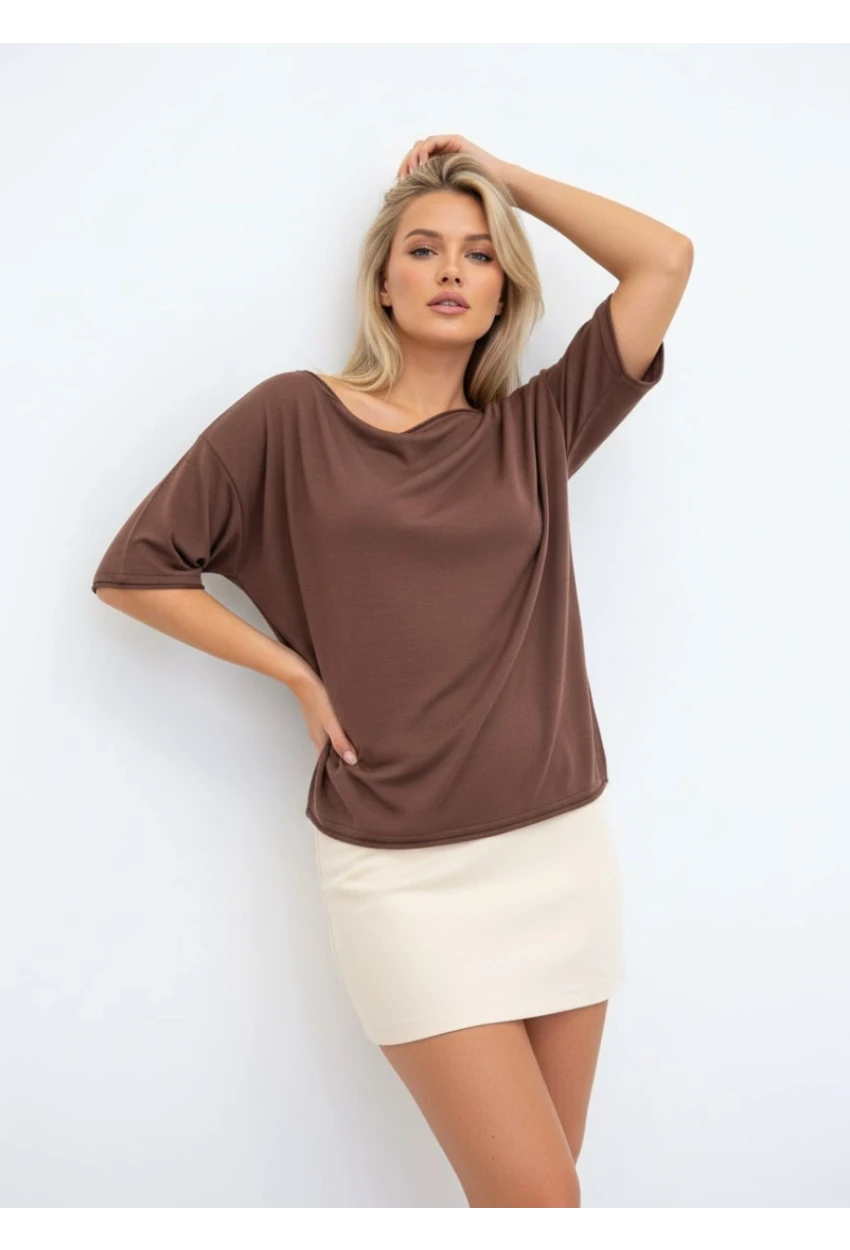 Kayık Yaka Oversize Kahve Bluz