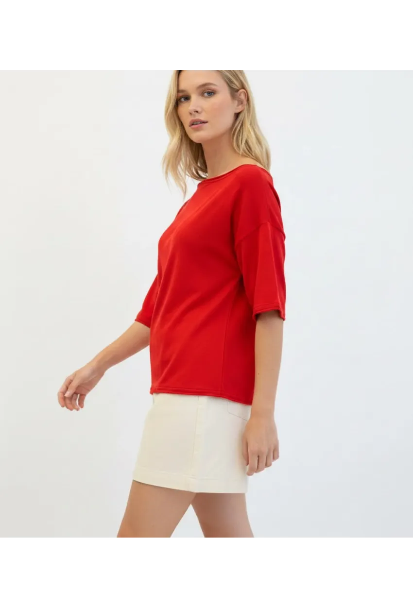 Kayık Yaka Oversize Kırmızı Bluz