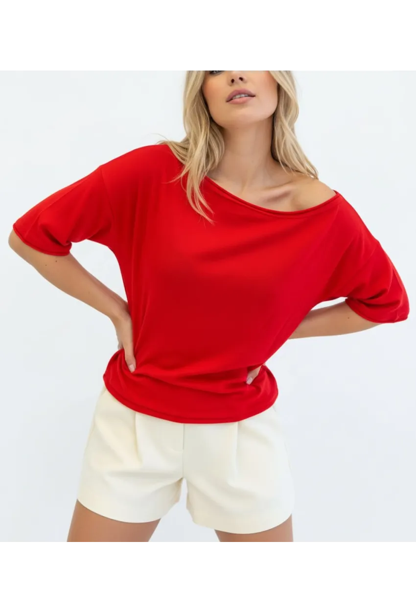 Kayık Yaka Oversize Kırmızı Bluz