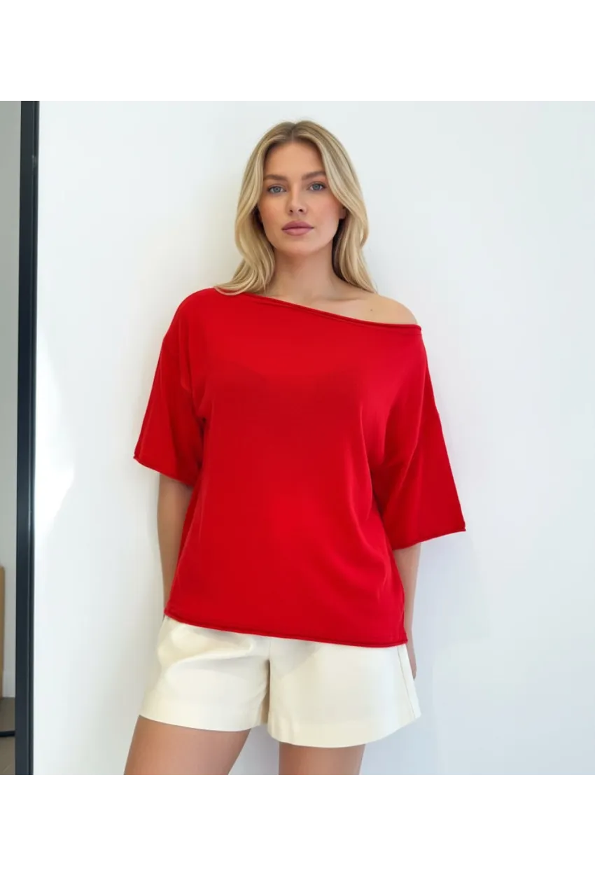 Kayık Yaka Oversize Kırmızı Bluz