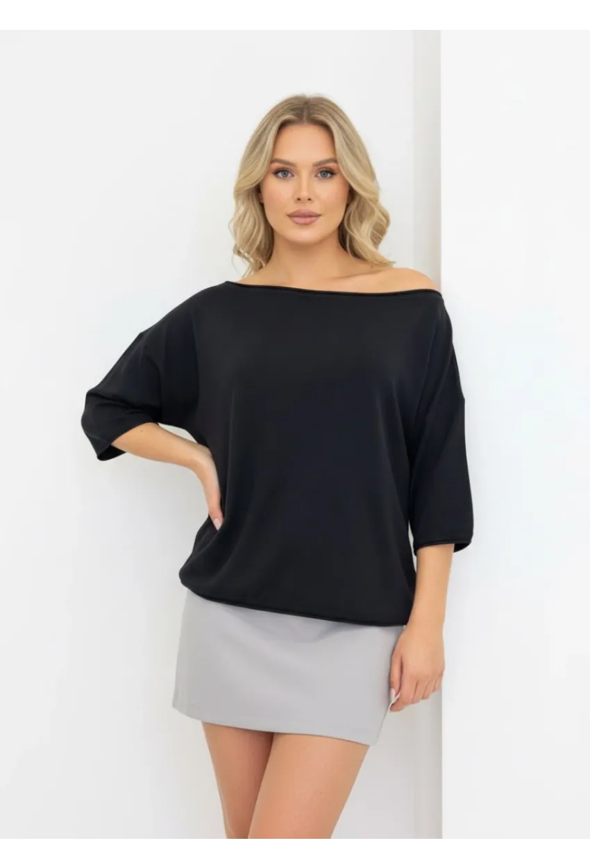 Kayık Yaka Oversize Siyah Bluz