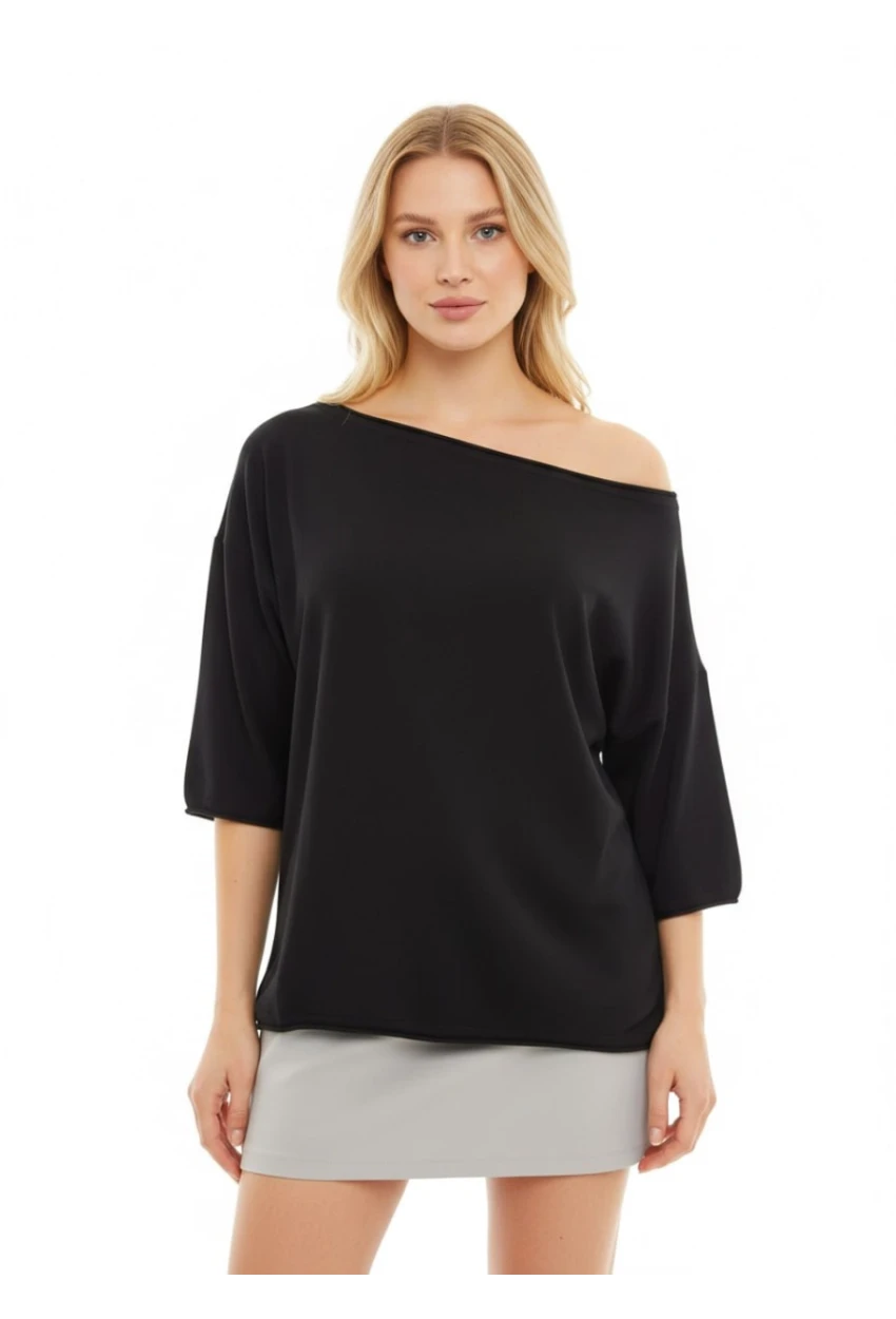 Kayık Yaka Oversize Siyah Bluz