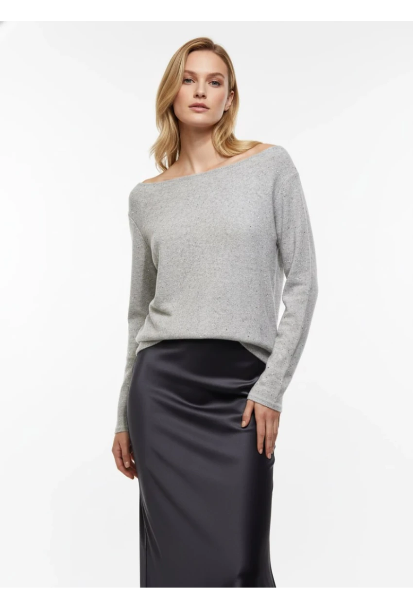 Kayık Yaka Simli Triko Kazak