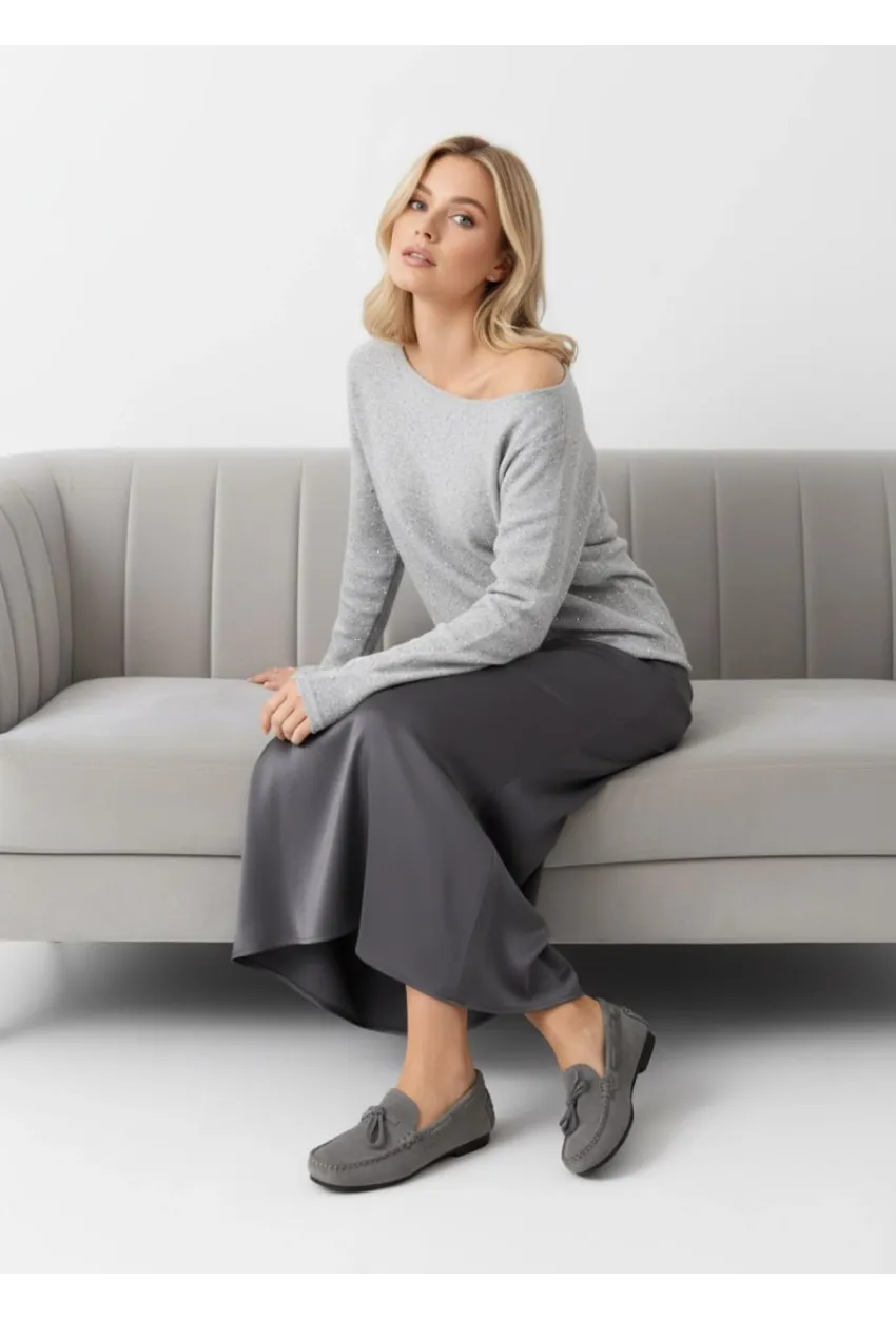 Kayık Yaka Simli Triko Kazak