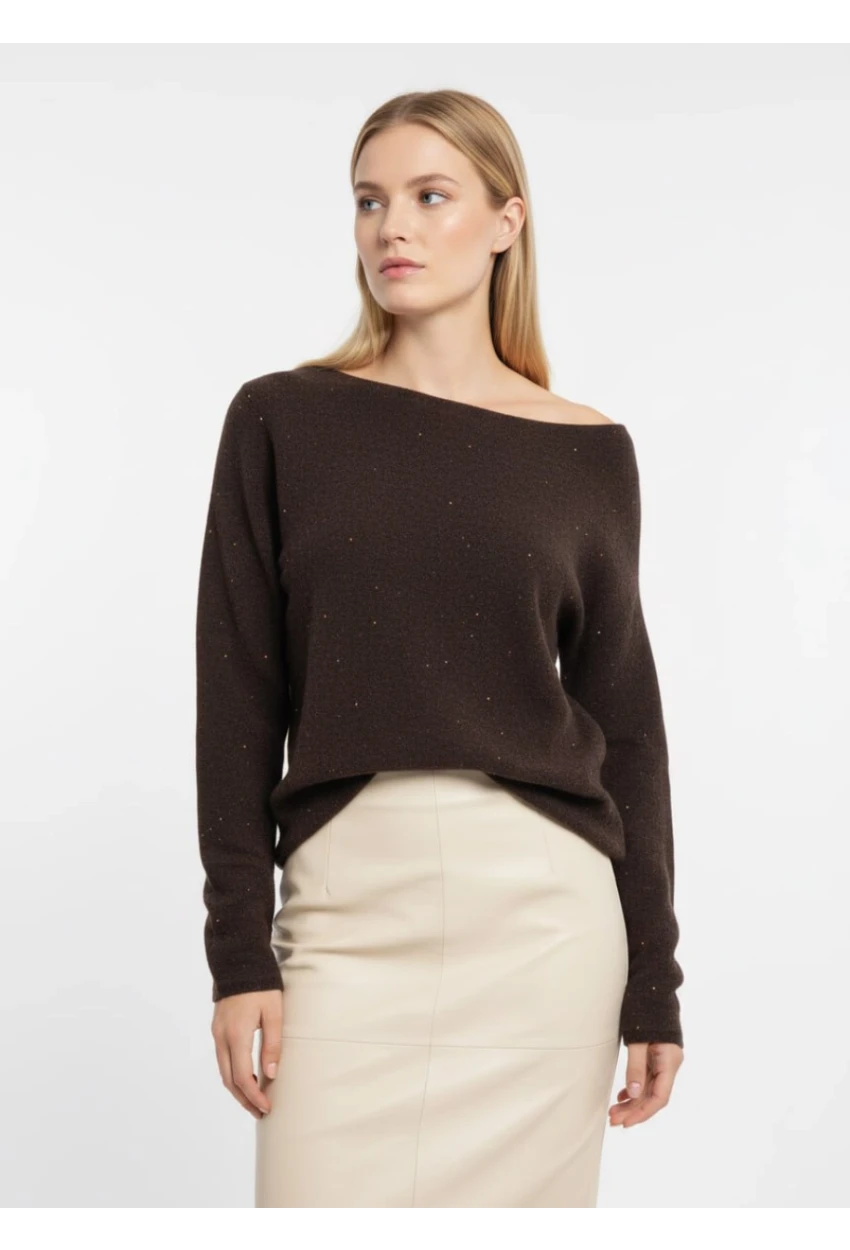 Kayık Yaka Simli Triko Kazak