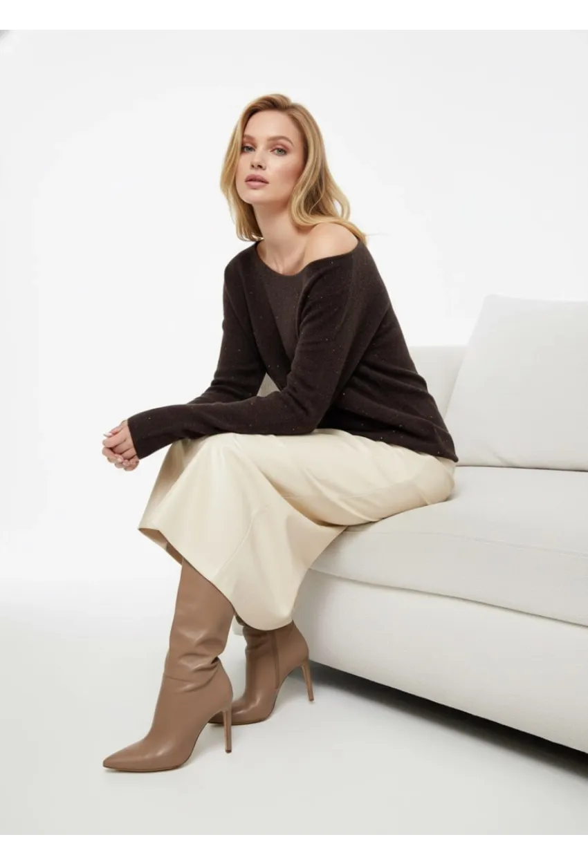 Kayık Yaka Simli Triko Kazak