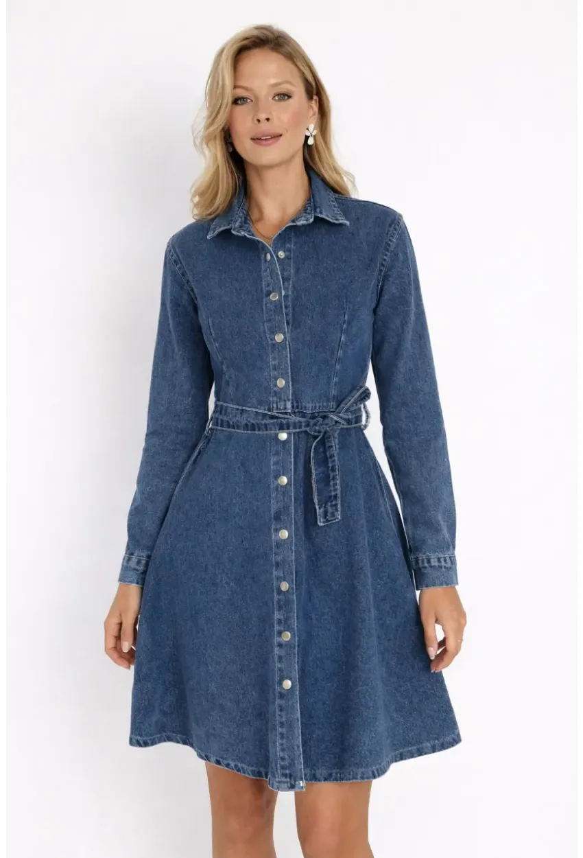 Kemer Detaylı Düğmeli Jean Gömlek Elbise