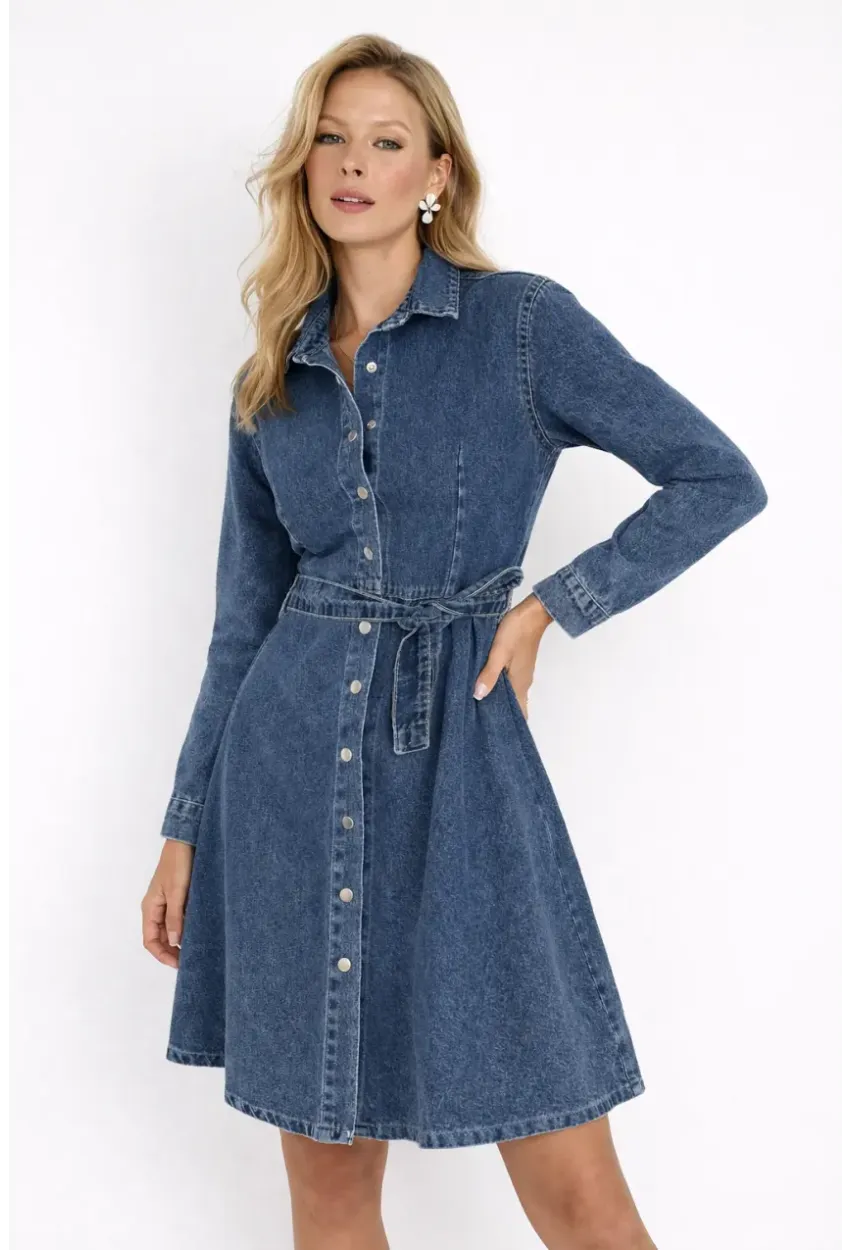 Kemer Detaylı Düğmeli Jean Gömlek Elbise
