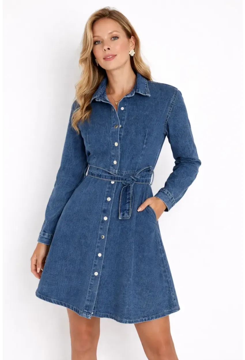 Kemer Detaylı Düğmeli Jean Gömlek Elbise