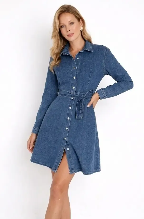 Kemer Detaylı Düğmeli Jean Gömlek Elbise