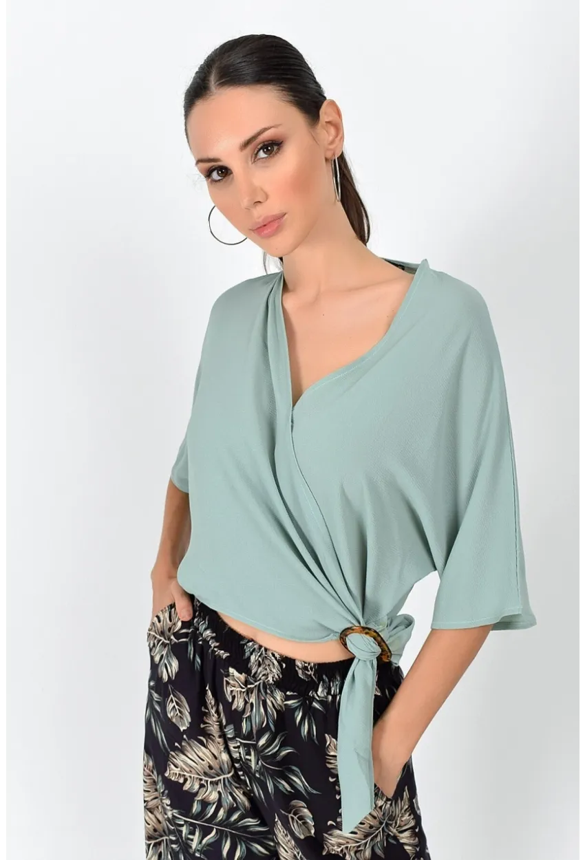 Kobe Kruvaze Yaka Yarasa Kol Bağlamalı Bluz