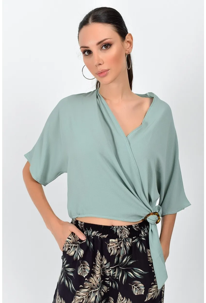 Kobe Kruvaze Yaka Yarasa Kol Bağlamalı Bluz